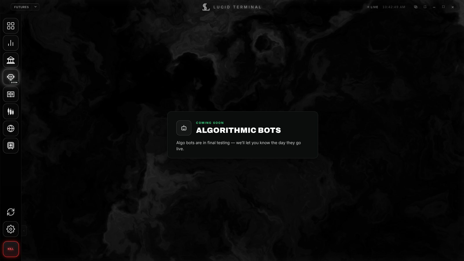 The Algorithmic Bots tab in Lucid Terminal showing its Coming soon card