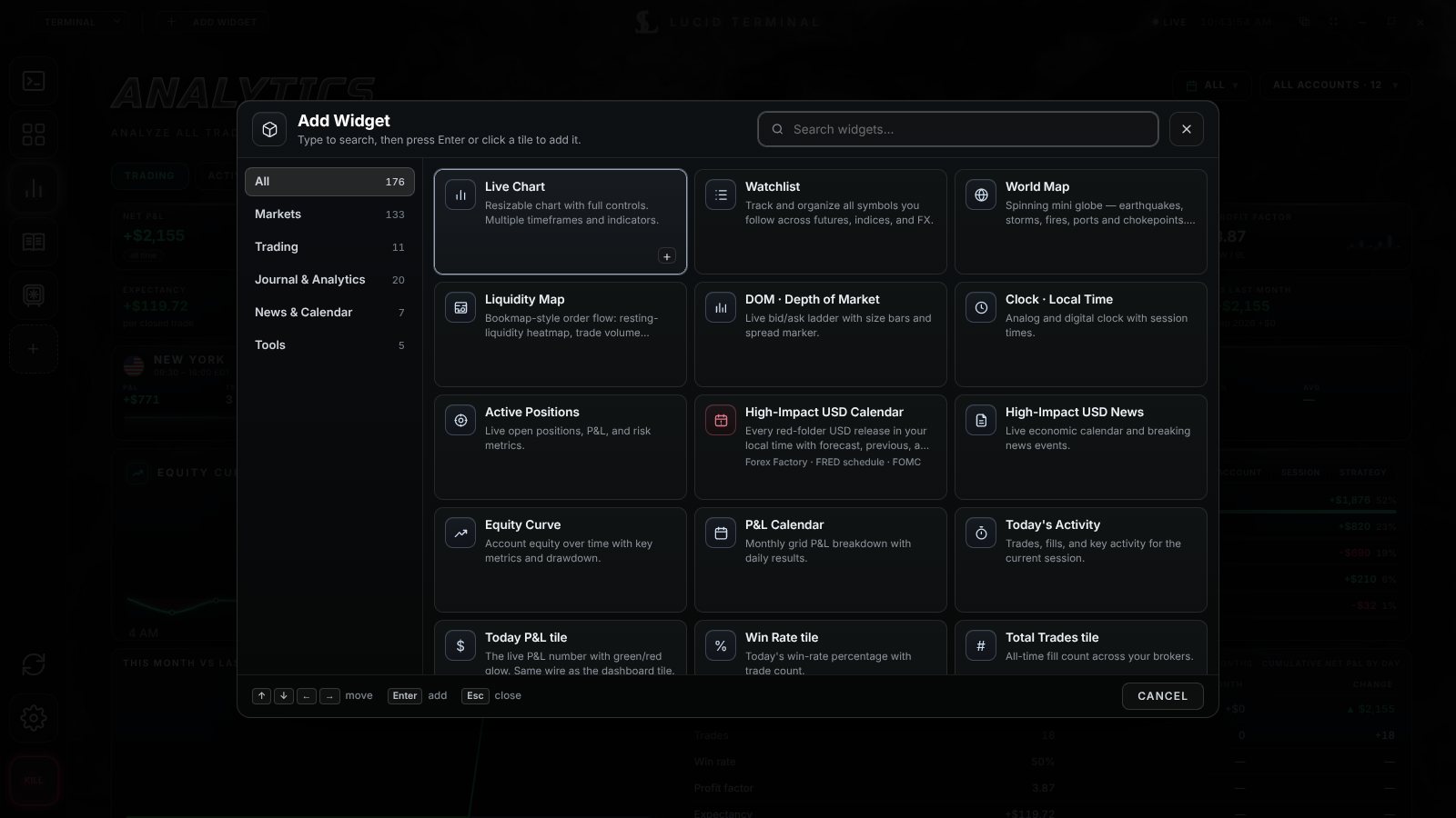The Add Widget catalog in Lucid Terminal with search and category chips